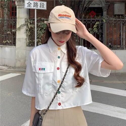 Womens Shirt Short Sleeve Harajuku Summer Vintage Kawaii Blouse Soft Girls Korean Style Button Up Yellow White Crop Top