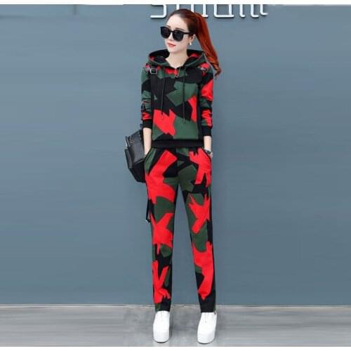 2019 Plus Size Camouflage Breathable Hooded Long Pant Sport Two Piece Set Sport Set Women Clothes Trainning & Exercise Sets