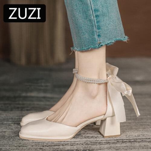 ZUZI Women Pumps Lace-up High Heels Girls Summer 2021 New Style Beaded Bow Thick-heeled Toe Sandals Womens Gentle Wind