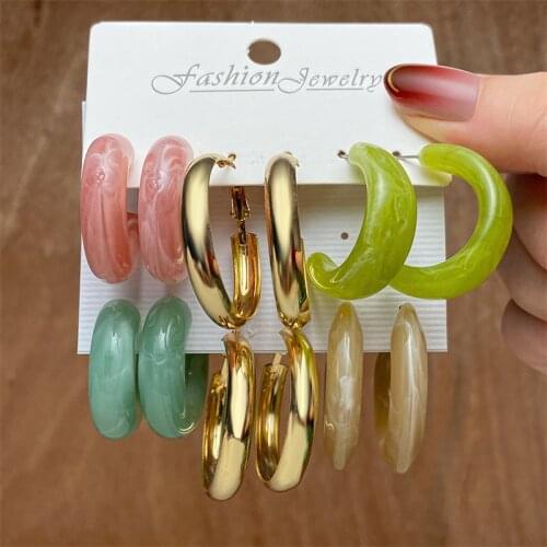 Fashion Mixed Resin Pearl Hoop Pink Green for Women Minimalist Ring Earrings Candy Color Earrings Set 2021 New Style