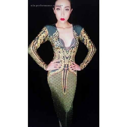 European nightclub female dj singer stage costume sexy skinny rhinstone long dress star prom party catwalk performance outfit