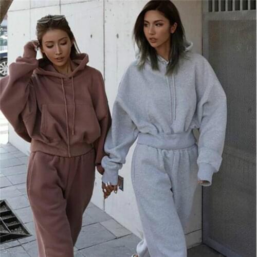 Solid Tracksuit Women Two Piece Set Autumn Winter Clothes Hooded Oversized Sweatshirt Top Sweatpants Sports Jogging Suit Outfits