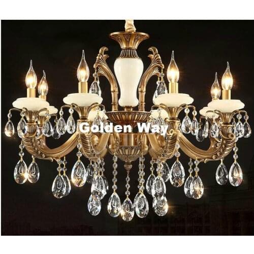 Free Shipping European Bronze Jade K9 Crystal Chandelier Light Fixture Brass Finish Crystal Lustre Lamp Villa Cristal Lighting