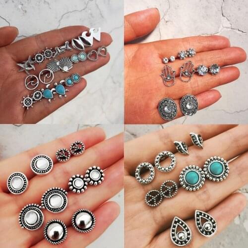 Bohemian Starfish Wave Turtle Shell Stud Earrings Set For Women Vintage Heart Round Sharp Hyperpole Stud Earring Set Female