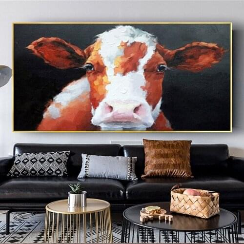 Handmade BIG Brown Indian Cattle Canvas Art Painting Cow Picture Wall Decoration Canvas Art Farm Animal Oil Painting