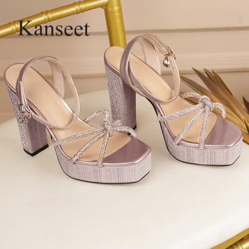 Kanseet Sexy High Heels Sandals For Women Rhinestone Thick Heels Women Shoes 2021 Summer Newest Party Prom Sliver Shoes Woman
