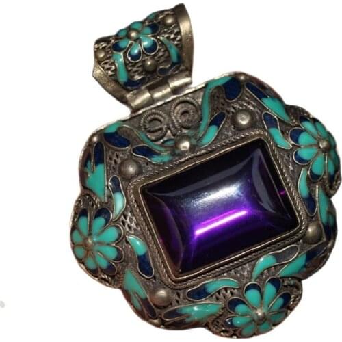 China old Tibetan silver Cloisonne inlaid with zircon Pendant