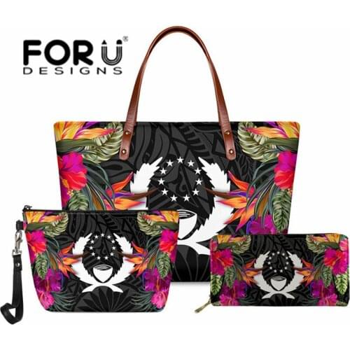 3pcs Set Women Handbag Wallet Pohnpei with Hibiscus Female Shoulder Polynesian Tribal Printing Luxury Party Clutch Purse Bolsas