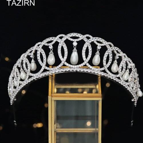 European Cubic Zirconia Crowns Royal Princess Tiaras CZ Queen Pearl Headpiece Bridal Wedding Women Hair Accessories for Pageant