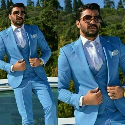 Summer Blue Men Suit 3 Pieces High Quality Slim Fit One Button Groom Wear Formal Prom Party Wear Blazer(Jacket+Vest+Pants)