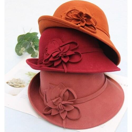 Fashion Autumn Winter Womens High-end Fedora Hat Textural Florals Warm Bucket Hat Woolen Warm Dome Flowers Fedora Hat