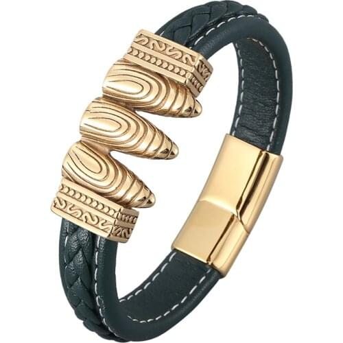 Charm Men Jewelry Bullet Shape Gold Stainless Steel Magnet Clasp Green Leather Bracelet Bangles Punk Male Wrist Band Gift PD0910