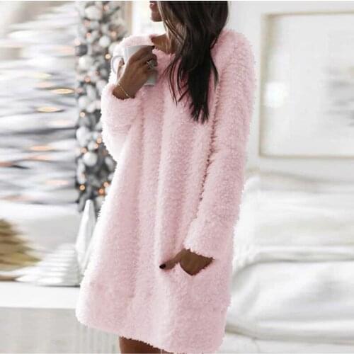 Solid Color Women Warm Dress 2021 Autumn and Winter O-Neck Dresses Women Clothes Elegant Long Sleeve Casual Plush Dress Ladies