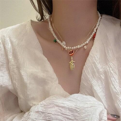 Freshwater Pearl Color Crystal Fruit Necklace South Korea Fashion Simple Temperament Collarbone Chain Women Jewelry Accessories