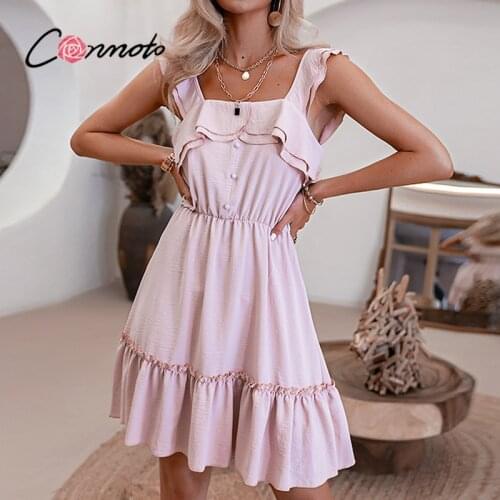 Conmoto Ruffle pink retro summer dress women Sleeveless pleated solid A-line short dress Casual holiday fashion sundress vintage