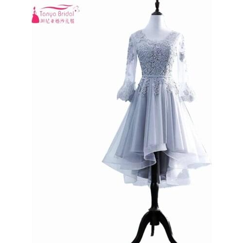 Silver Three Quarter Homecoming Dresses High-Low Lace Tulle Cocktail Party Dresses Maid Of Honor Formal Gowns Cheap ZH001