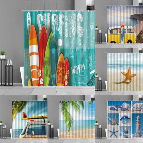 Beach Seascape Shower Curtain In Summer Surf Board Travel Bus Car Coconut Tree Starfish Sea Scenery Bathroom Curtains Home Decor
