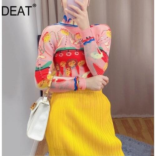 DEAT Women Hit Color Cartoon T-shirt Slim Pleated Half Turtleneck Long Sleese Loose Pullover Tops 2021 Summer Fashion 15HT220