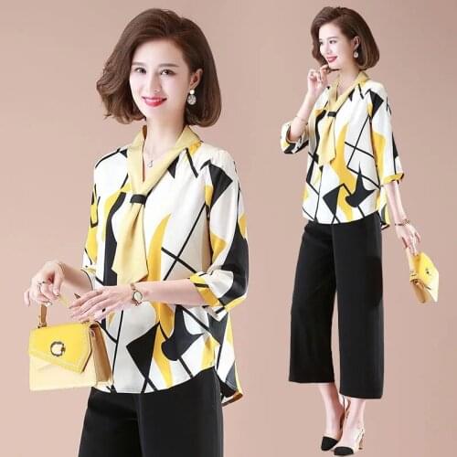 Wide Leg Pants Suits Female 2021Summer Two Piece Set Womens Outfits Fashion V-neck Shirt Top Casual Chiffon Clothing Femme Mujer