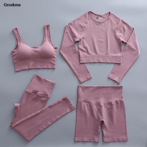 2/3/4 Piece Set Women Yoga Seamless Clothing Athletic Fitness Gym Suits Workout Sportswear Running T Shirt+Bra+Shorts+Pants
