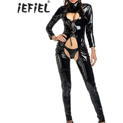 Women Skinny Hallow Out Lace-up Bodysuit Wet Look Crotchless Jumpsuit Long Sleeve Open Butt with Stretchy Low Rise Underwear