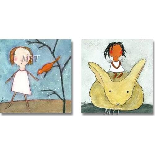 Unframed 2PCS Abstract Cartoon Girl Picture Art Oil Painting New Group Paintings Canvas Wall Art For Children Room Decoration