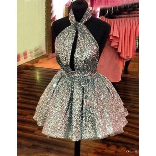 Sparkly Silver Sequined Homecoming Dresses 2019-2020 Halter Sexy Backless Short Prom Dresses Hollow Front Formal Party Dresses