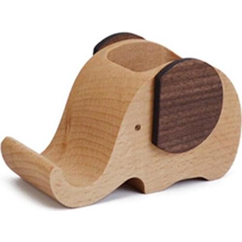 Wooden Elephant Shape Stand for Smartphones with Pen Holder Pencil Container Wood Made Office Decoration Accessories
