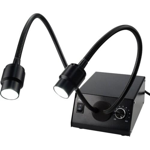 Dual Gooseneck Fiber Optic Microscope Illuminator w/ Dimmer 100V~240V Adjustable LED Brightness