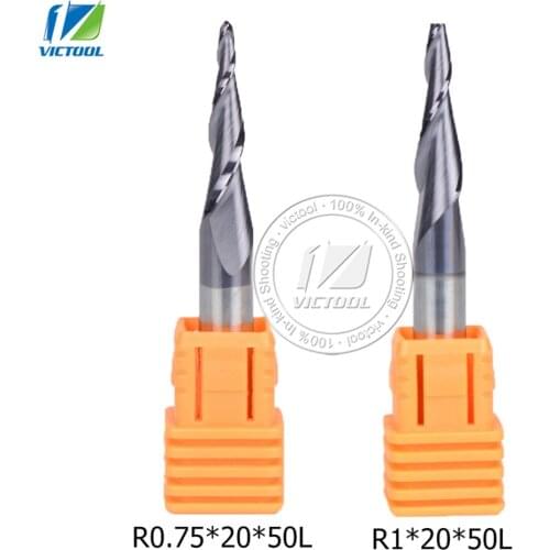 2PCS/lot 1PC R1.0 and 1PC R0.75 Tungsten solid carbide Tapered Ball Nose End Mills and cone cutter cnc woodworking router bits
