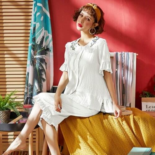 Summer Embroidered Lapel 100% Cotton Pajama Set Short Sleeve Knee Length Pajamas White Loungewear 2 Piece Home Clothes for Women