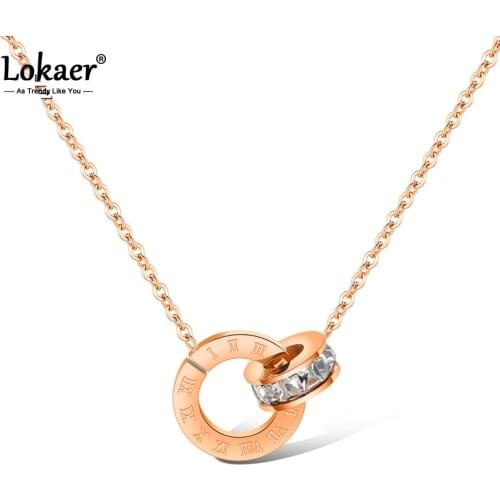 Lokaer Classic Design Mosaic Cubic Zirconia Double Circle Pendant Necklace Stainless Steel Wedding Necklaces Jewelry N17032