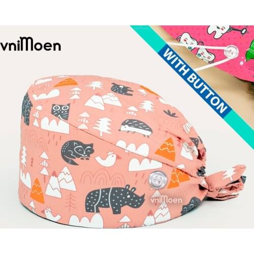 New Cartoon animal nurse long hair cap,Breathable Scrub Cap,Fashion Print Button Doctor Nurse Work Hat,Casual Unisex scrub hats