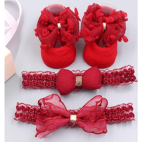 Lovely Pearl Bows Newborn Baby Girl Headband Socks Set Lace Flower Baby Hair Band Turban Toddler Shower Gift Hair Accessories