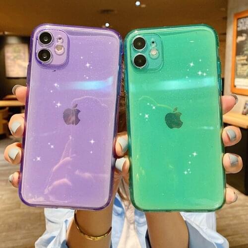 Ottwn Bling Gitter Clear Phone Case For iPhone 11 Pro Max X XR XS 7 8 Plus SE 2020 Fluorescent Solid Color Soft TPU Back Cover