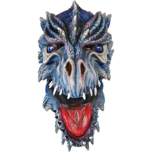 Eraspooky Realistic Ice Blue Dragon Latex Mask Halloween Costume Props For Adult Festival Party Dinosaur Headgear Novelt Gift