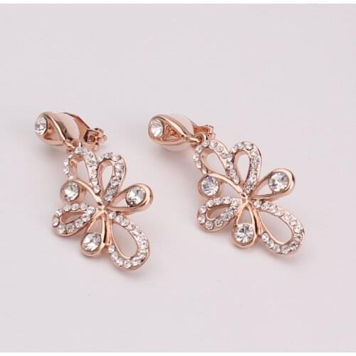 New Europe and America Style Rhinestone Crystal Big Bowknot Clip on Earrings Without Piercing for Women Luxury Pierced Earrings