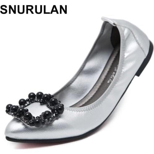 SNURULAN SIZE 34-43 Women Rhinestone Women Foldable Flat Shoes Fashion OL Ladies Flats Pointed Toe Womans Footwear Female