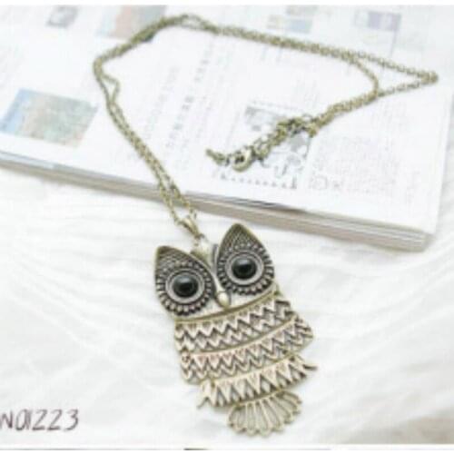 Retro Jewelry Vintage Ancient Bronze Big Eyes Owl Necklace Kitty Cat Pendant Statement Long Chain Choker Gift