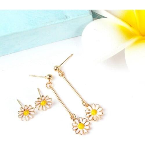 Korean Japan White Yellow Flower Drop Earrings Cute Small Daisy Long Dangle Earrings For Women Girl Gift Summer Jewelry