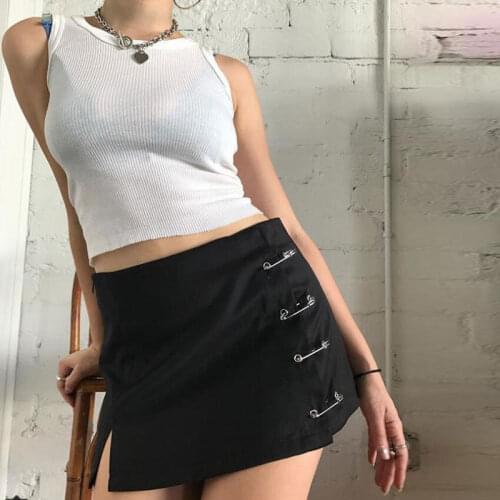Black Safety Pin Skirt High Waisted A-Line Mini Collins Skirt Women e-Girl Y2K Punk Rock Style Streetwear