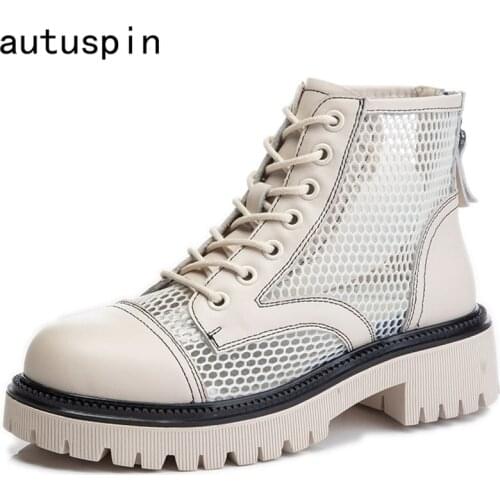 Autuspin Women Martin Boots 2021 Summer Genuine Leather Round Toe Ankle Boot for Female Outdoor Breathable Casual Shoes Woman