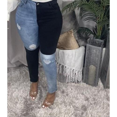 2021 Autumn Mid Waist Women Denim Skinny Pencil Solid Patchwork Trousers Jean Button And Pockets Fashion Hollow Out Real Picture