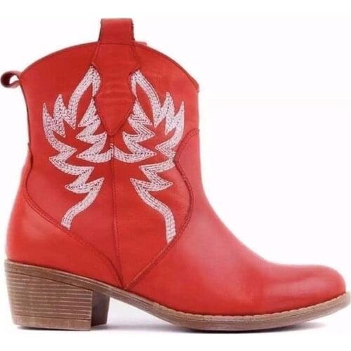 Fashion Embriodery West Cowboy Short Boots For Women PU Leather Thick Heel Ankle Shoes Spring Autumn New Female Chelsea Boots