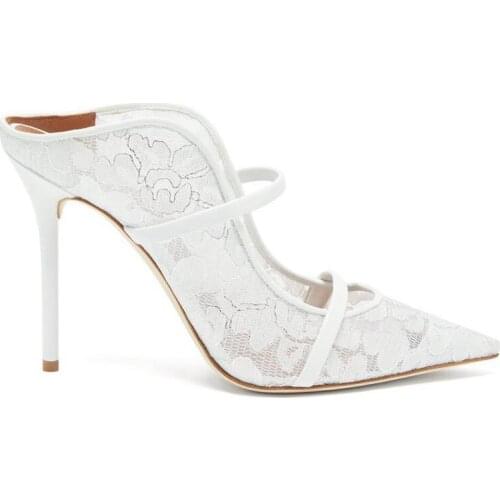 Romantic White Lace Pumps Pointed Toe Double Strap Slingbacks Wedding High Heel Woman Slip On Stiletto Heels Floral Party Shoes
