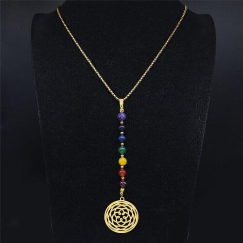 Yoga Lotus Flower of Life 7 Color Chakra Stone Stainless Steel Necklaces Women Gold Color Long Necklaces Jewelry NXS04
