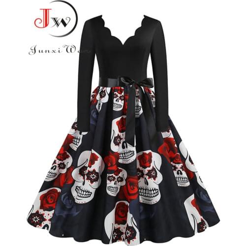 Women Halloween Dress Autumn Winter Vintage Printed V-Neck Long Sleeve Swing Party Festival Sundress S~3XL Plus Size