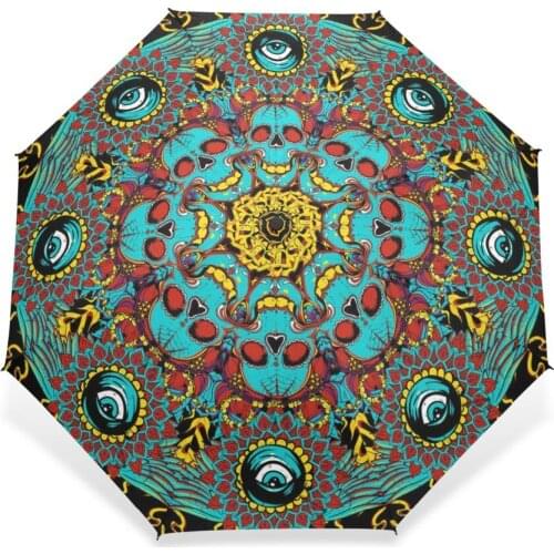 High Quality Full Automatic Art Skull Custom Umbrella Fashion Design Three Folding Umbrella for Man and Women Rain Umbrellas