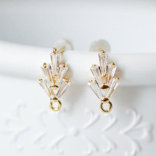 10pcs/Lot CZ Paved Ear Posts 15x8mm, Real Gold Plated Brass Stud Earrings, Sterling Silver Pin, Closed Loop (#GB-314)