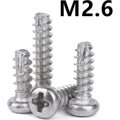 200pcs/lot M2.6x4/5/6/8/10/12mm GB13806.2 A type PT 304 Stainless Steel Round Head Cross Cut Tail Slotted Self-tapping Screw